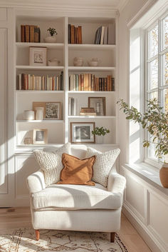 Bright Nordic Nook is all about creating a small, inviting corner in a Scandinavian living room that maximizes light and space. This area often features a combination of cozy seating with bright, reflective colors to make the nook feel larger and more open. Wall shelves and hidden storage solutions keep the area tidy and functional. This nook is perfect for reading or enjoying a quiet cup of coffee. Click here to discover more about creating your own bright Nordic nook, perfect for small spaces or apartments. Coffee Nook Seating Ideas, Scandinavian Reading Nook, Small Reading Area, Small Living Room With Piano, Reading Area In Living Room, Open Wall Shelves, Nordic Living Room Scandinavian Interiors, Cozy Reading Nook Ideas, Small Reading Nook Cozy Corner