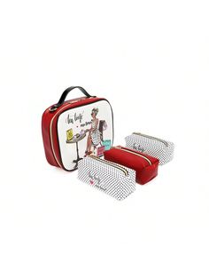 a red and white lunch box with two compartments, one has an image of a woman on it