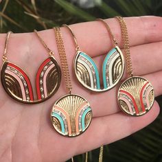 "Inspired by those 70's banded lines we love, and the historic pastel Art Deco South Beach hotels Coral and Cinnamon colored enamel, with clear round/baguette CZs 23mm round pendant. Chain is 16\" with a 2\" extender chain Tarnish resistant, heavy 14K Gold over Brass A Gold Filled chain upgrade is available, choose \"gold filled chain\" from the drop box at checkout" Pastel Art Deco, Gold Coin Choker, Gold Coin Pendant, Minimalist Ear Cuff, South Beach Hotels, Gold Chain Choker, Drop Box, Enamel Necklaces, Gold Necklace Layered