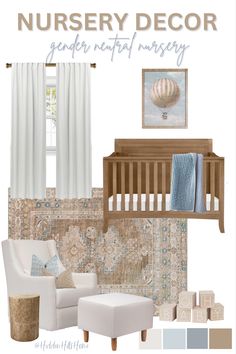 Gender neutral nursery decor mood board with baby blue, brown, and cream tones throughout