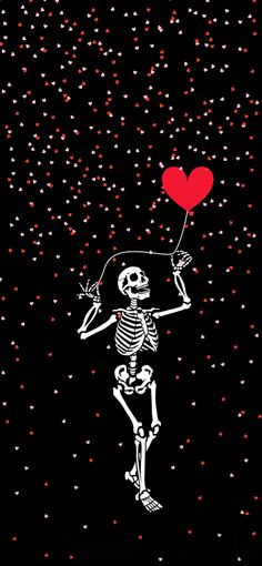 Image of a skeleton holding up a heart shaped balloon, with heart shaped confetti falling behind on a black background February Lockscreen Iphone Wallpapers, Valentines Skeleton Wallpaper, Valentines Watch Wallpaper, Grunge Valentines Aesthetic Wallpaper, Valentine's Wallpaper Backgrounds, Halloween Valentines Wallpaper, Horror Valentines Day Wallpaper, Winter Skeleton Wallpaper, Valentines Lock Screen Iphone Wallpapers