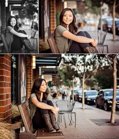 two women are sitting on benches in front of buildings and one woman is smiling at the camera