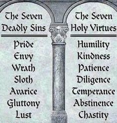 the seven deadly sin's and their names in an old book, with some writing on