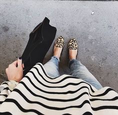 Loafers + Stripes - The Fashion Girl's Guide to Wearing Animal Print - Photos Stripes And Animal Print Outfit, Leopard Print Accessories, Leopard Print Loafers, Loafers Outfit, Leopard Print Shoes, Casual Fridays, Printed Flats, Print Shoes, Sporty Outfits