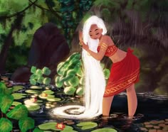 a painting of a woman with white hair in the water and lily pads on the ground