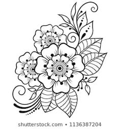 a bouquet of flowers with leaves and swirls in black and white on a white background