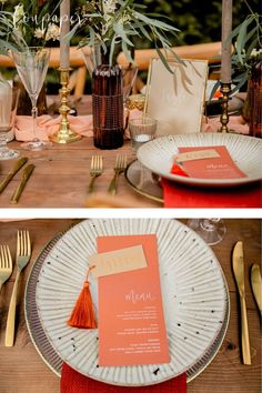 the table is set with an orange menu and silverware, along with gold cutlery