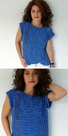 two photos of a woman wearing a blue top with crochet on the shoulders