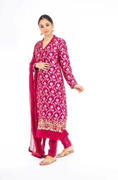 Adorning Rubine Red Palm Silk Salwar Kameez – Panache Haute Couture Red Anarkali Lawn Suit With Sheer Dupatta, Anarkali Lawn Suit With Sheer Dupatta In Red, Red Lawn Suit With Sheer Dupatta For Diwali, Festive Red Lawn Suit With Sheer Dupatta, Red Semi-stitched Lawn Suit With Sheer Dupatta, Semi-stitched Red Lawn Suit With Sheer Dupatta, Bollywood-style Long Salwar Kameez With Resham Embroidery, Red Designer Lawn Suit With Sheer Dupatta, Bollywood Salwar Kameez With Resham Embroidery