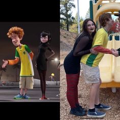 three people are standing in front of a slide and one person is holding onto another man's arm