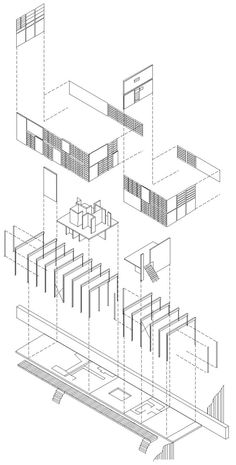 an architectural drawing shows the interior and exterior sections of a building, with several different areas in