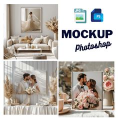 the wedding photo is being displayed in three different pictures, including a couch and coffee table