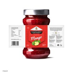 a jar of mango jam on a white background