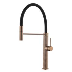 a kitchen faucet with a black handle and gold spigot on the side