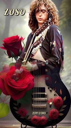 an image of a woman with a guitar and roses on her body, in the background