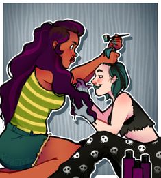 an image of a woman getting her hair done by another woman with purple hair and makeup