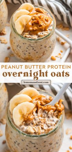 This high Protein Overnight Oats recipe is an easy way to get a hearty breakfast to keep you going all morning! Only 5 minutes to prep and ready when you wake up! Oats with protein powder, chia seeds, peanut butter and maple syrup all come together to give you a great protein boost! Banana Protein Overnight Oats, Oats With Protein Powder, Protein Overnight Oats Recipe, Peanut Butter Banana Protein, Oats Protein, High Protein Peanut Butter, Protein Peanut Butter, Peanut Butter Overnight Oats