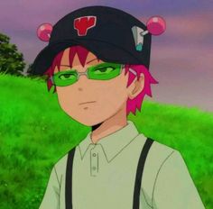 an anime character with pink hair and green eyes wearing a baseball cap in the grass