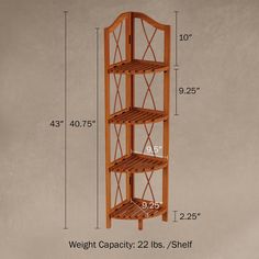 a wooden shelf with three shelves and measurements