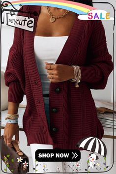 Wine Red Buttons Front Textured Knit Cardigan Red Buttoned Cardigan For Fall, Red Button Cardigan For Fall, Fall Red Buttoned Cardigan, Red Knit Cardigan With Buttons, Red Knit Cardigan With Button Closure, Casual Burgundy V-neck Outerwear, Red Button-up Cardigan For Fall, Red Knit Cardigan For Fall, Casual Burgundy Sweater For Fall