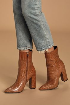 Tan Crocodile Pointed Toe Mid Calf Boots - Animal Print Boots - Lulus Animal Print Boots, Chunky Heel Booties, Flair Jeans, Trendy Boots, Let Your Hair Down, Walk On The Wild Side, Take A Walk, Cool Boots, Fancy Outfits