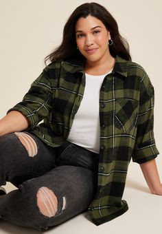 Plus Size Plaid Stay Magical Graphic Back Oversized Button Down Shirt - Materials & Care:imported - 100% cotton - machine wash Oversized Plaid Top With Button Closure, New Jeans Top, Maurices Plaid, Plus Size Plaid, Maurices Plus Size, Oversized Button Down Shirt, Adaptive Clothing, Skirt Crop, Curvy Jeans