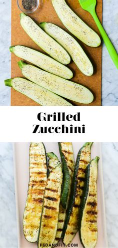 grilled zucchini on a cutting board with a green spatula and seasoning