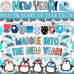 the new year bulletin board is decorated with penguins