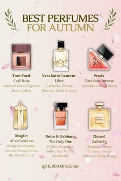 The best perfume scents to get into an autumn mood ! Autumn Scents Perfume, Fall Parfum For Women, Perfume Scents Fragrance, Soft Autumn Perfume, Perfumes To Get, Best Fall Fragrances For Women, Autumn Perfumes For Women, How To Smell Like Autumn, Fall Perfumes For Women 2024