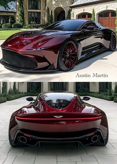 two different views of the same car in front of a house and behind it is an image of a red sports car