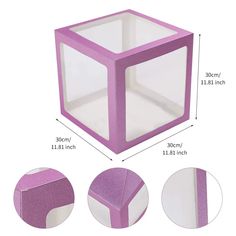 a pink and white cube with three sides cut out to show the size for each piece