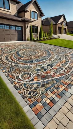 a driveway with a circular design on it