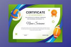 a certificate with volleyballs and balls on the blue, green and purple background is shown