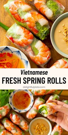 a plate of Vietnamese fresh spring rolls with a bowl of nuoc cham dressing and a bowl of peanut dipping sauce Dipping Sauce Recipes, Goi Cuon, Vietnamese Fresh Spring Rolls, Vietnamese Summer Rolls