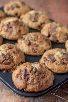 chocolate chip muffins on a baking tray ready to be eaten