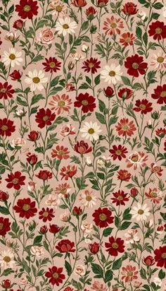 a floral pattern with red, white and green flowers