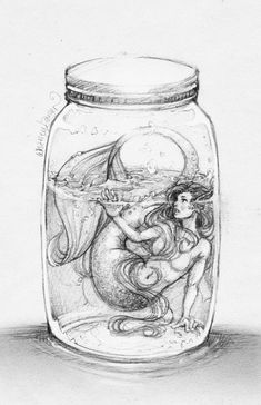 a drawing of a mermaid in a glass jar