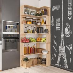 a kitchen with a chalkboard wall and wooden shelves