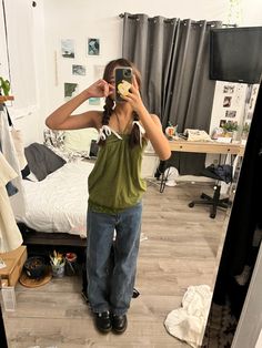 Light Green Tank Top Outfit, Cami Top Outfit Summer, Long Tank Top Outfit, Large Chest Outfits, Summer Clothes Aesthetic, Sage Green Top, Outfits For Spring, Top With Jeans, Tank Top Outfits