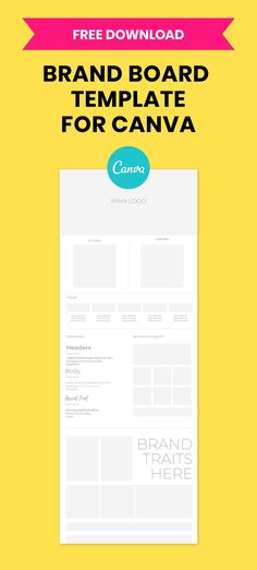 a yellow background with the words brand board template for canva on it and an image of