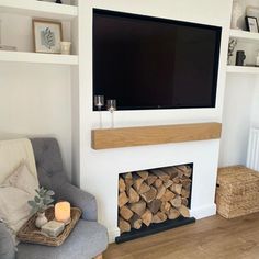 a flat screen tv mounted above a fireplace in a living room