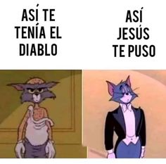 two cartoon characters with captions in spanish and english, one has an image of a cat