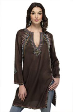 Women Brown Cotton Tunic with stones and beads work /Neck Embroidered Top / Casual Dress / Ladies Tunic Top / Party Dress / Sum ✔This Tunic dress is made from 100% Cotton. ✔High-quality soft fabric makes you feel soft and comfortable. ✔It's a casual style, suitable for leisure, party and special occasions. ✔The pattern of the dress makes it eye-catching. ✔ Mid-thigh length dress. ✔ Neck embroidery work with stones and beads ✔ Sleeve: Bracelet sleeve; ✔ Gentle Hand Wash ---- Custom orders are ava Tunic Kurti, Long Sleeve Embroidered Dress, Moda Hippie, Indian Tunic, Summer Tunics, Estilo Hippie, Stil Boho, Salwar Kamiz, Women Tunic Tops