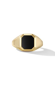 An 18-karat-gold signet ring is centered by an octagonal stone inlay for a contemporary pop of color. 18k gold/black onyx, lapis or tiger's-eye Made in Italy Yellow Gold Gemstone Rings, Bad Boy Style, David Yurman Mens, Onyx Signet Ring, David Yurman Ring, Signet Ring Men, Ring Men, Gold Signet Ring, Stone Inlay