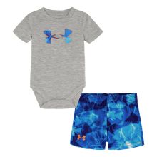 Fun style and all-day comfort make the Under Armour� Watery Fish Camo Short-Sleeve Bodysuit and Shorts Set for Babies a great choice for active babies. This Under Armour baby clothes set pairs an awesome bodysuit and lightweight, easy-moving shorts with distinctive UA design. The bodysuit has a fun UA Watery Fish camo screen-printed front graphic and smooth, stretchy 95% polyester/5% spandex Tech jersey fabric. A 3-snap crotch placket allows quick changes, and a crew neck keeps its shape all day Armor Clothes, Reborn Clothes, Bodysuit And Shorts, Camo Shorts, Clothes Set, Fun Style, Baby Registry, Boy Clothes, Short Sleeve Bodysuit