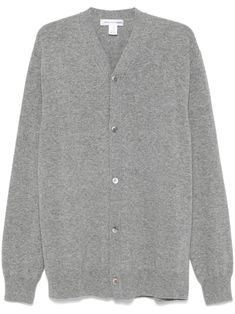 light grey wool knitted construction front button fastening V-neck long sleeves ribbed cuffs and hem Classic Gray Long Sleeve Cardigan, Classic Gray Wool Cardigan, Classic Gray Sweater For Workwear, Gray Cardigan With Buttons For Workwear, Classic Gray Sweater With Button Closure, Classic Gray Cashmere Cardigan, Classic Gray Cardigan With Buttons, Classic Gray Workwear Cardigan, Classic Gray Cardigan For Work