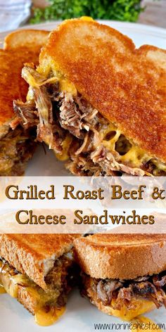 grilled roast beef and cheese sandwiches on a white plate with text overlay that reads grilled roast beef and cheese sandwiches