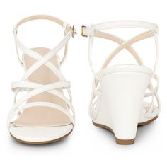 Looking for a stylish yet comfortable sandal to add to your wardrobe? Look no further! These beautiful strappy sandals feature a round toe, wedged heel, and an ankle strap for a secure fit. The web of elastic bands and full-length cushioning provide all-day comfort, making them perfect for a day out with friends or a night on the town. The vamp is made of faux leather, while the outsole is made of PVC+ TPR and the heel is made of PVC. These sandals have a heel height of 2.9 inches and come in va Synthetic High Heel Wedge Sandals With Strap, High Heel Synthetic Strap Wedge Sandals, Summer Open Heel Crisscross Strap Heels, Summer Heels With Crisscross Straps And Open Heel, Summer Open Heel Heels With Crisscross Straps, Chic Adjustable Strappy Wedge Sandals, Adjustable Strappy Synthetic Wedge Sandals, Adjustable Strappy Platform Wedge Sandals, Synthetic Wedge Heels With Strap