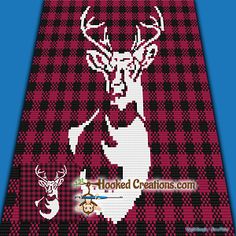 a red and black plaid pattern with a white deer on it's back ground