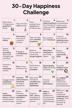 Boost your mental health into the bargain 🧠! 30 Day Productivity Challenge, Hobby Challenge, Happiness Advice, Hang Out Ideas, 30 Day Happiness Challenge, Positive Routines, Cute Picture Quotes, Coping Skills Activities, Minimalist Living Tips